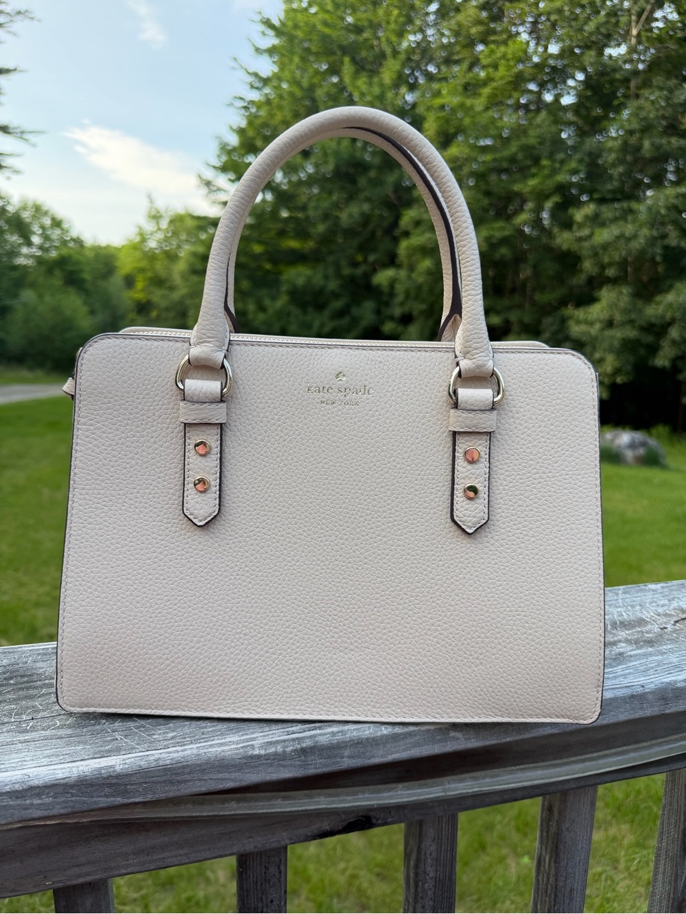 kate spade Pebbled Leather Satchel in Blush Cream (+crossbody)
